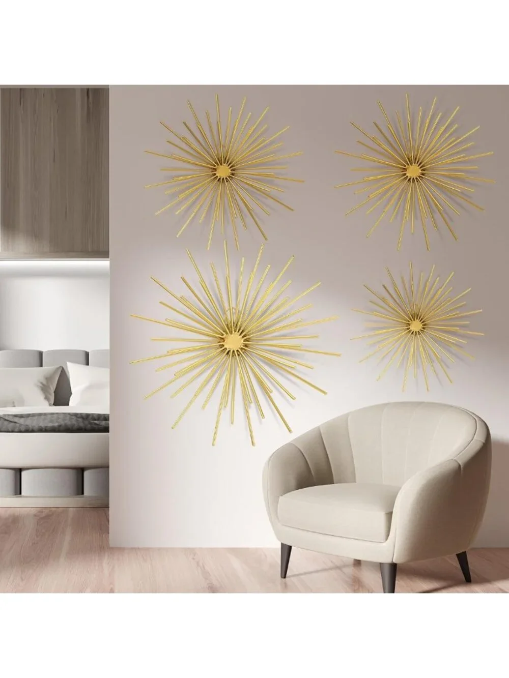 4 Pcs Gold Metal Starburst Wall Art - 3D Spike Decor for Modern Living Room
